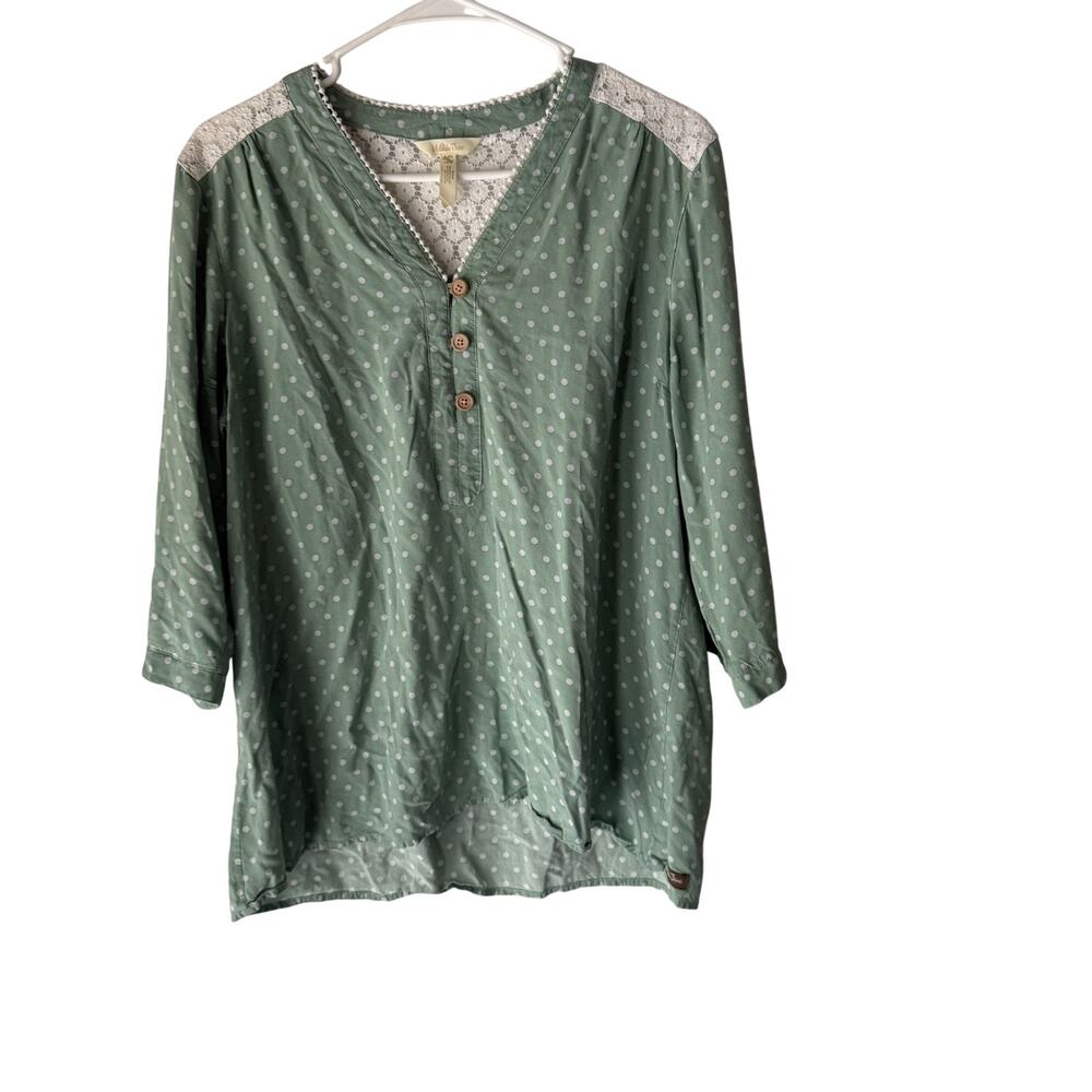 Matilda Jane Shirt XL Green Polka Dot Lace Trim Button Tunic Top Cottage Peasant
